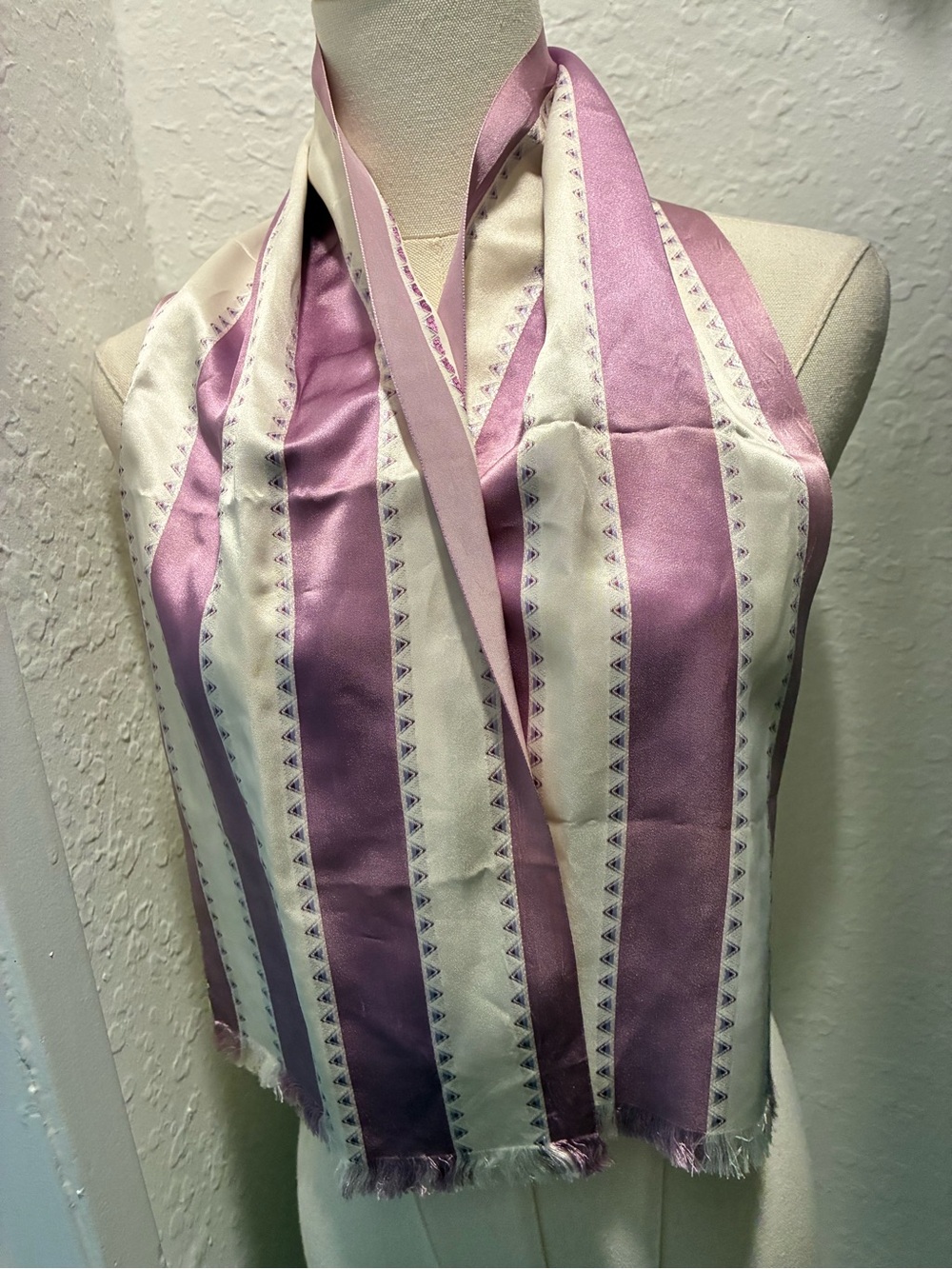 Vintage Vanette Creations Satin Lavender & White Striped Scarf